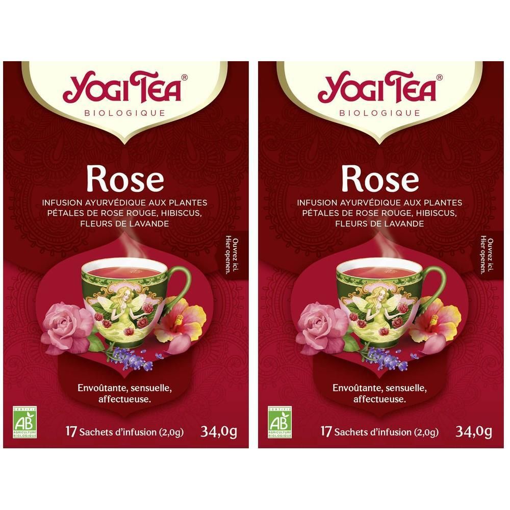 Deux paquets de Yogi Tea Rose, chacun contenant 17 sachets. Infusion aux pétales de rose, hibiscus et lavande.