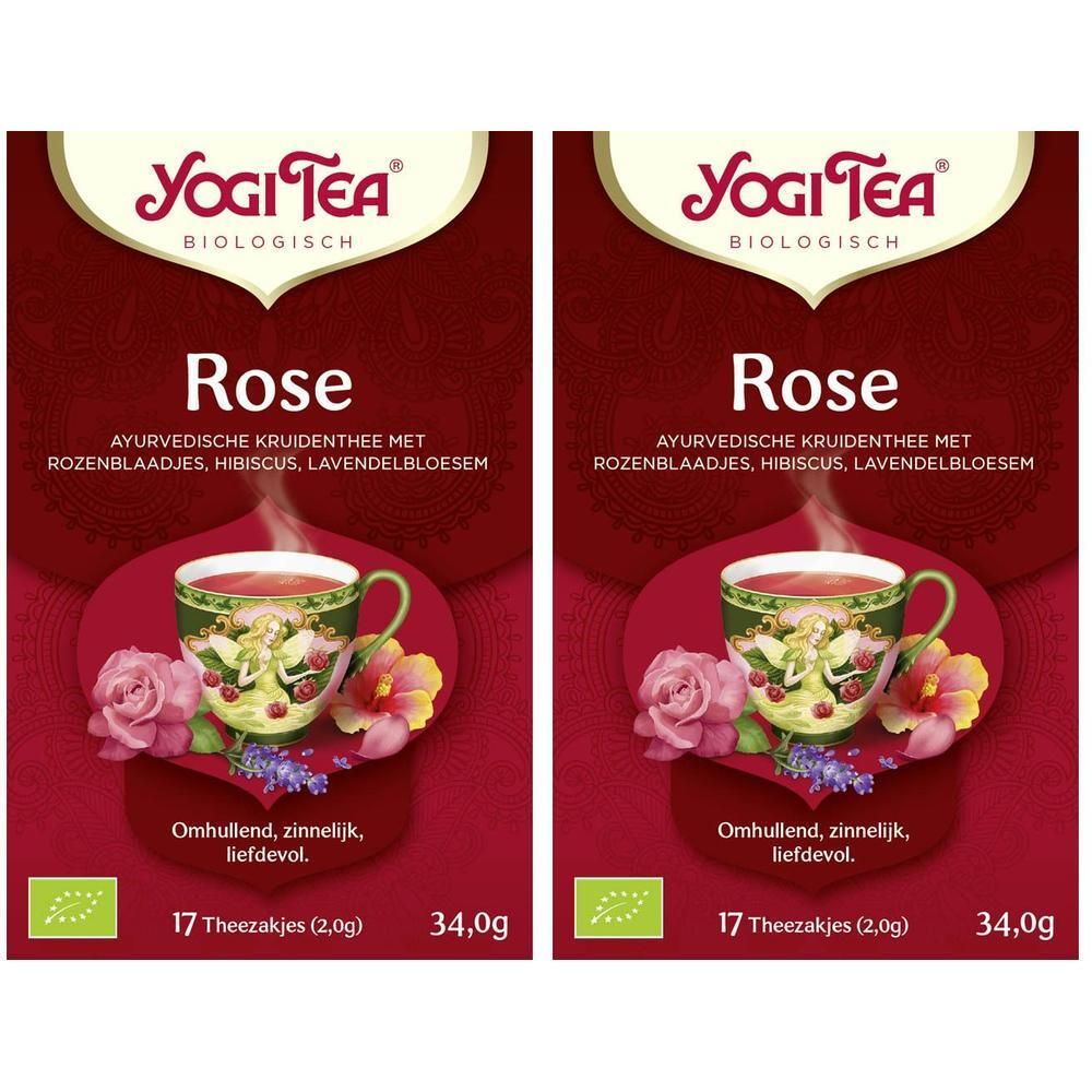 Twee pakken Yogi Tea Rose, elk met 17 zakjes. Kruidenthee met rozenblaadjes, hibiscus en lavendel.