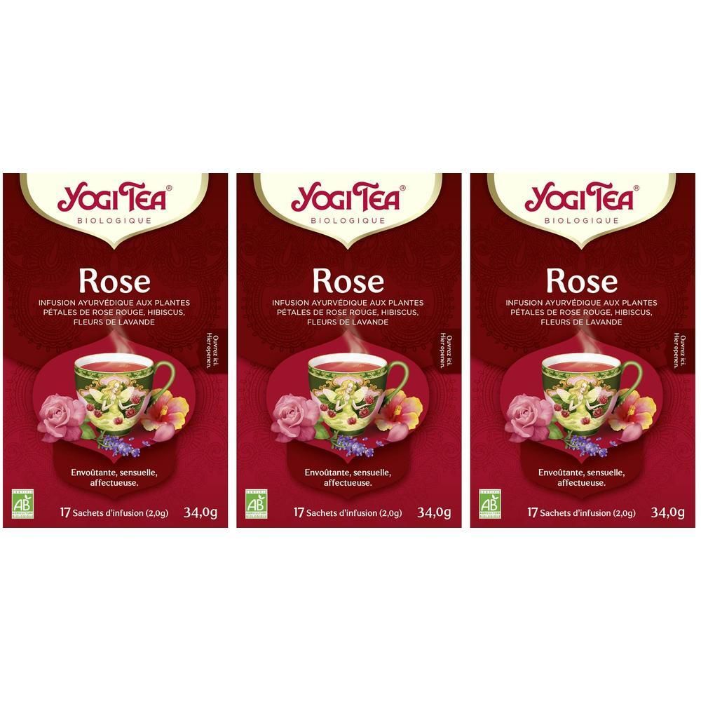 Trois paquets de Yogi Tea Rose. Chaque paquet contient 17 sachets de thé.