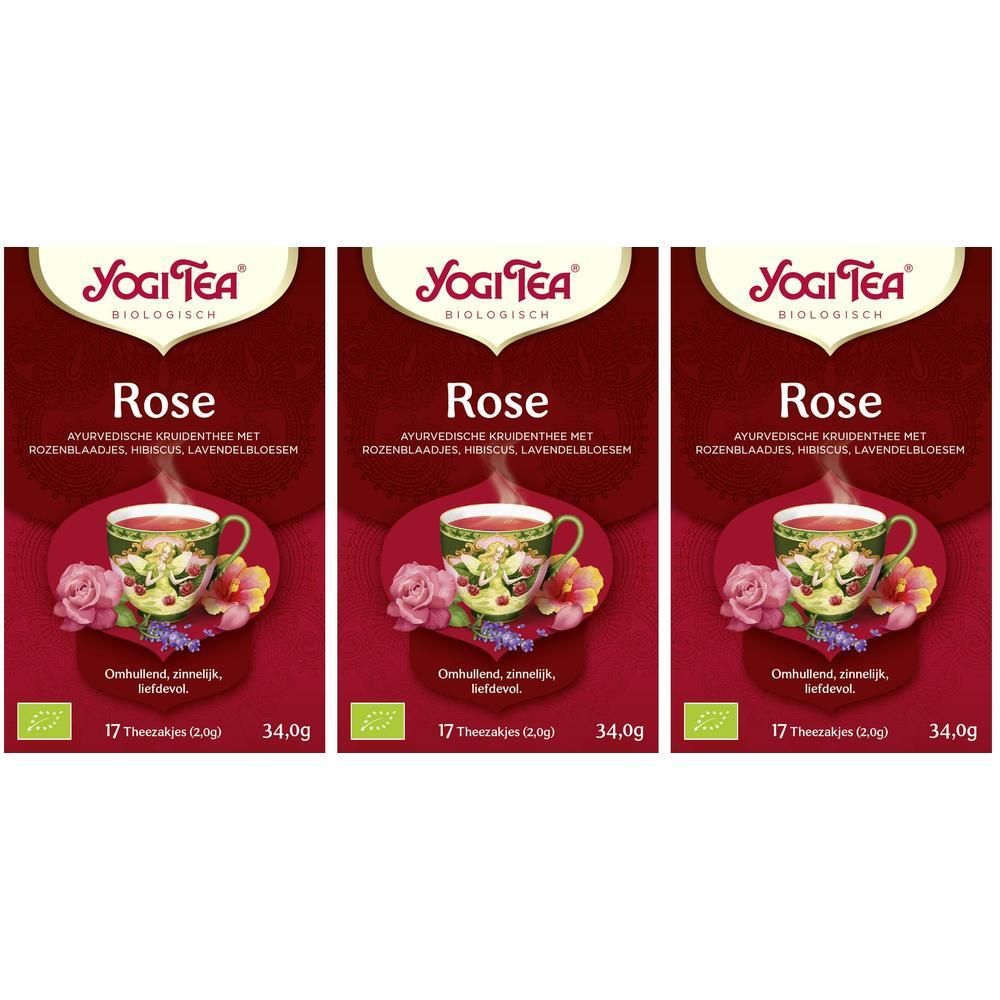 Drie pakken Yogi Tea Rose. Elk pak bevat 17 theezakjes.