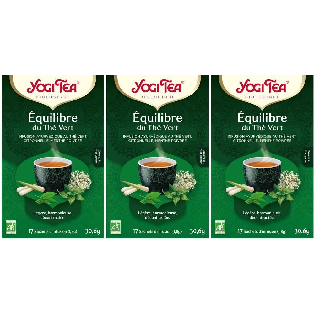 Trois paquets de Yogi Tea Équilibre, biologique. Infusion ayurvédique au thé vert, citronnelle, menthe poivrée.