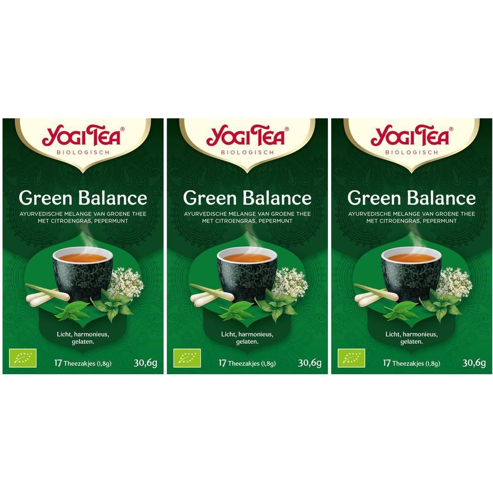 Drie pakken Yogi Tea Green Balance, biologisch. Ayurvedische melange van groene thee met citroengras, pepermunt.