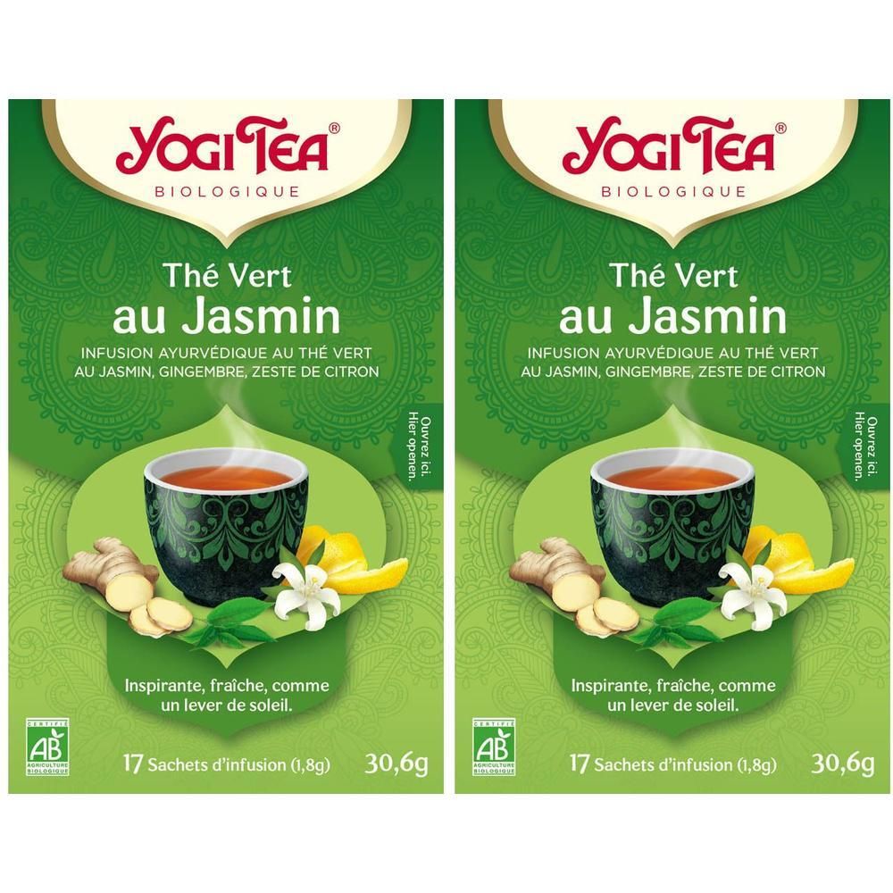 Deux paquets de Yogi Tea Thé Vert au Jasmin, biologique. Contient 17 sachets (1,8g) par paquet.