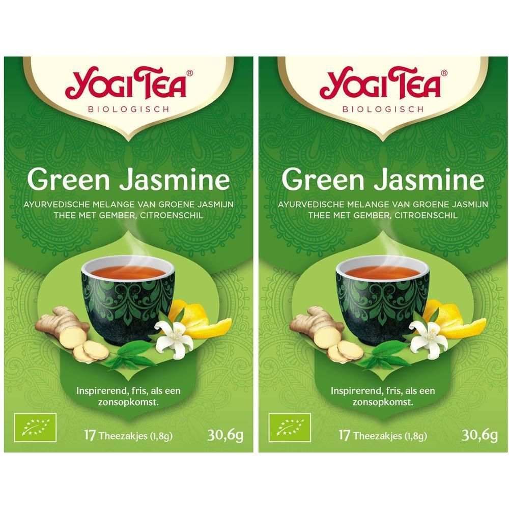 Twee pakken Yogi Tea Green Jasmine, biologisch. Bevat 17 theezakjes (1,8g) per pak.