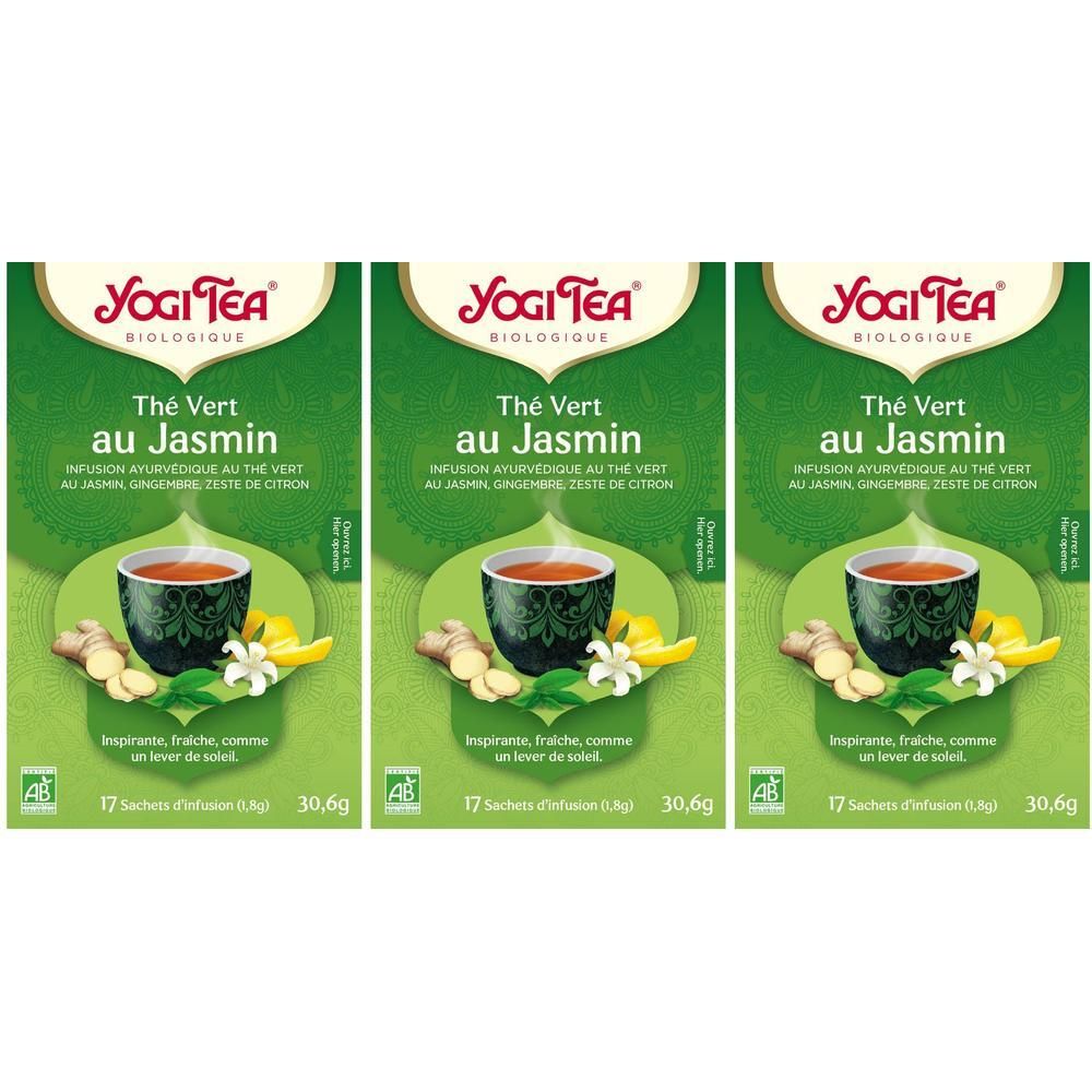 Trois paquets de Yogi Tea Thé Vert au Jasmin, biologique, avec tasse et ingrédients.