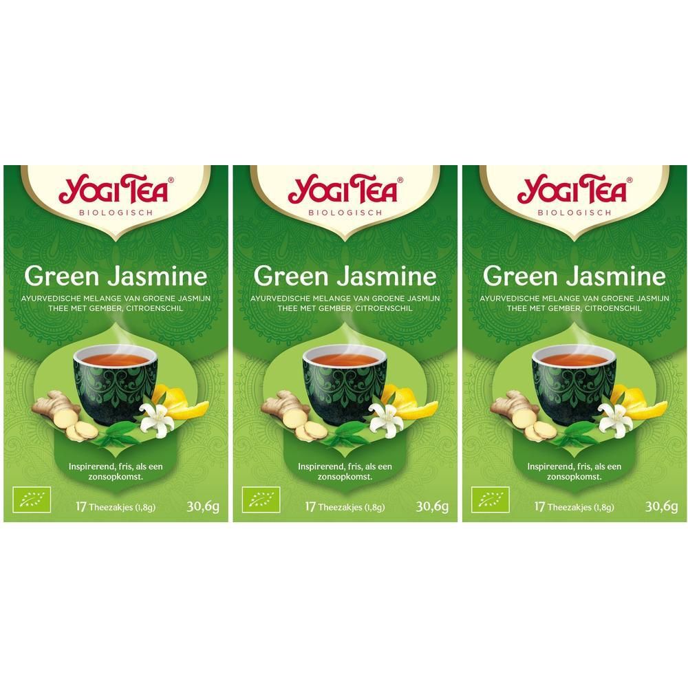 Drie pakken Yogi Tea Green Jasmine, biologisch, met kopje en ingrediënten.