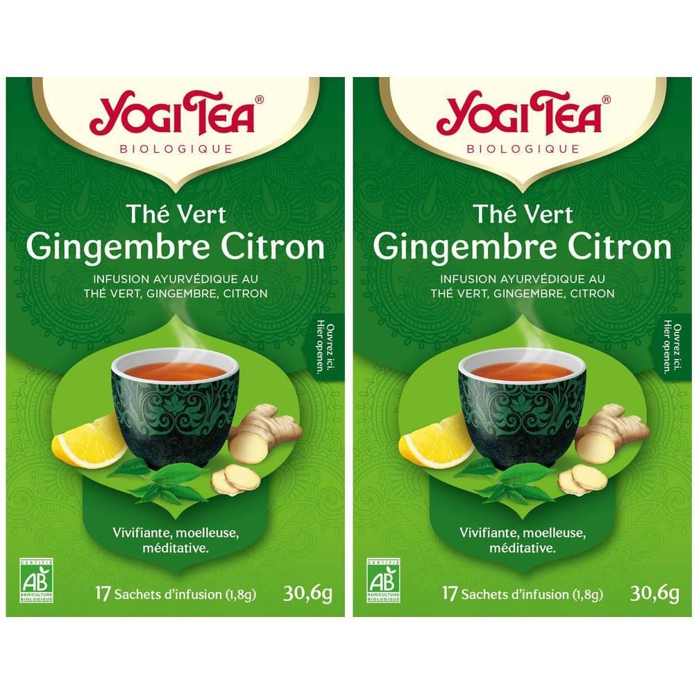 Deux paquets de Yogi Tea Thé Vert Gingembre Citron. Contient 17 sachets par paquet.