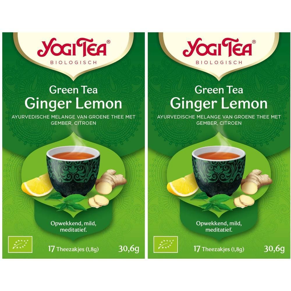 Twee pakken Yogi Tea Groene Thee Gember Citroen. Bevat 17 theezakjes per pak.