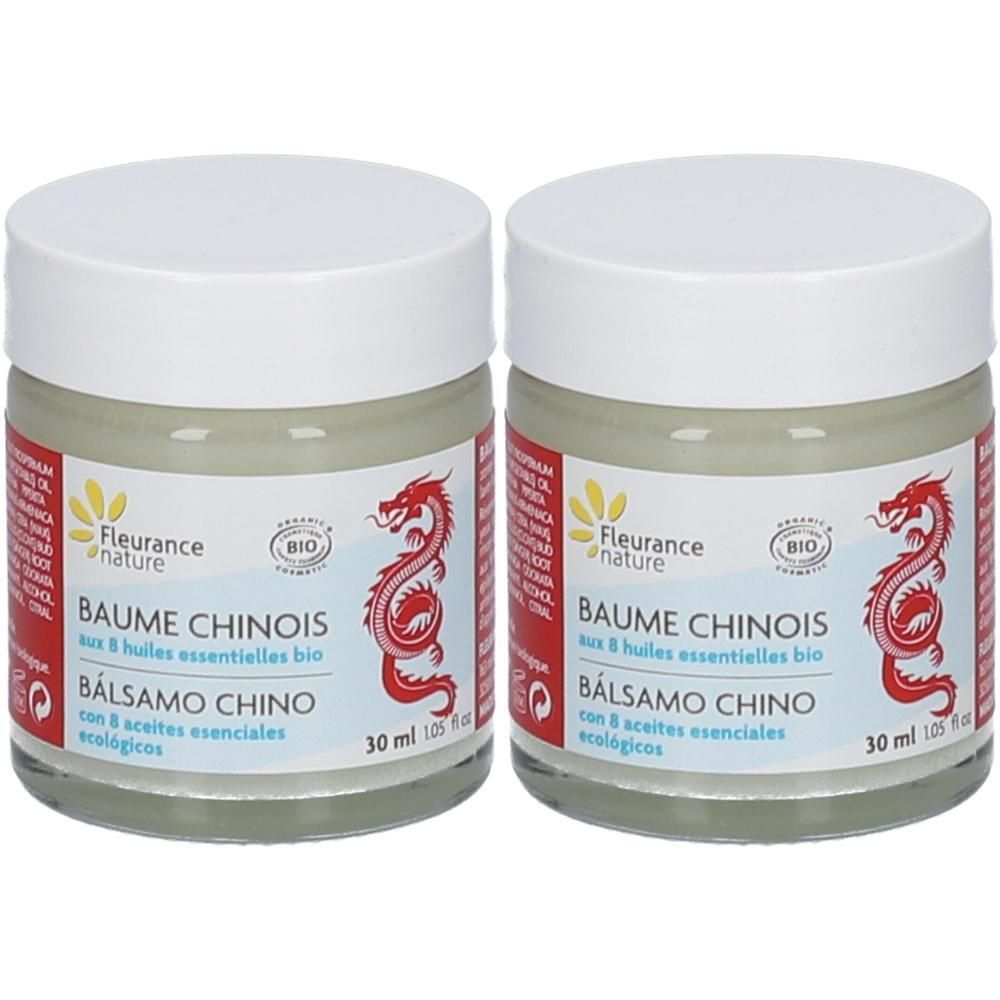 Twee potjes Fleurance Nature Chinese Balsem Bio, elk 30 ml. Rode draakafbeelding op etiket.