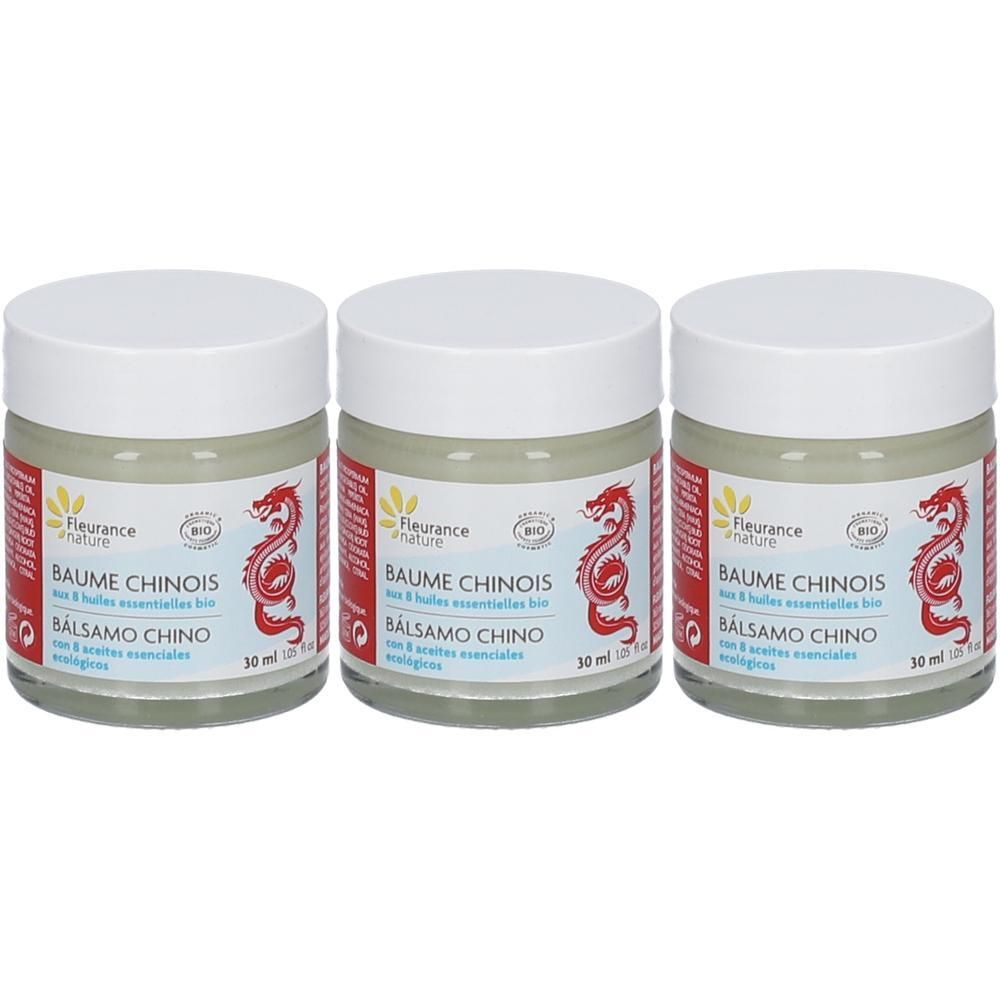 Drie potjes Fleurance Nature Chinese Balsem Bio met rode draak en Bio-keurmerk.