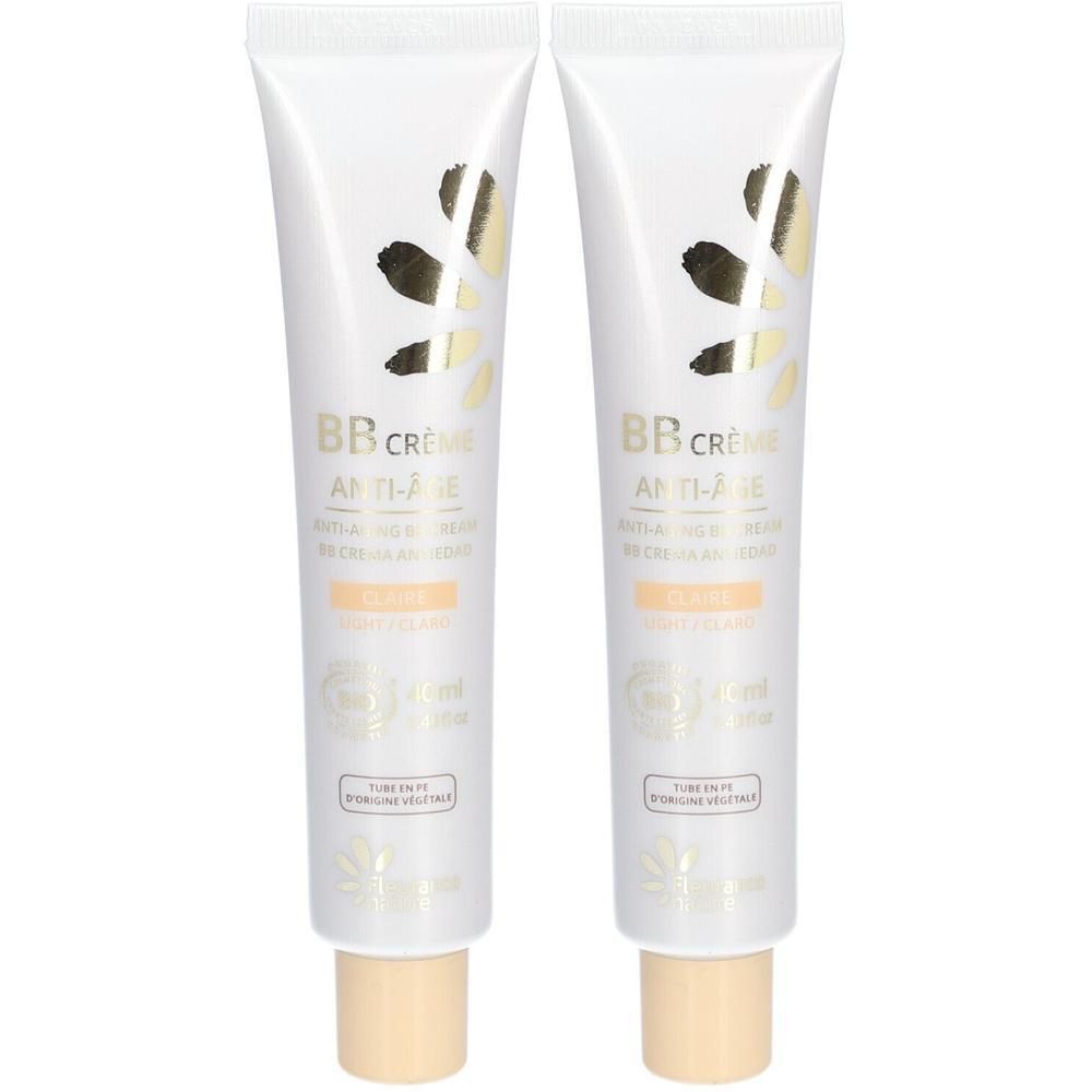 Deux tubes de BB Crème Anti-Âge Claire Bio avec motif feuille et sceau bio.