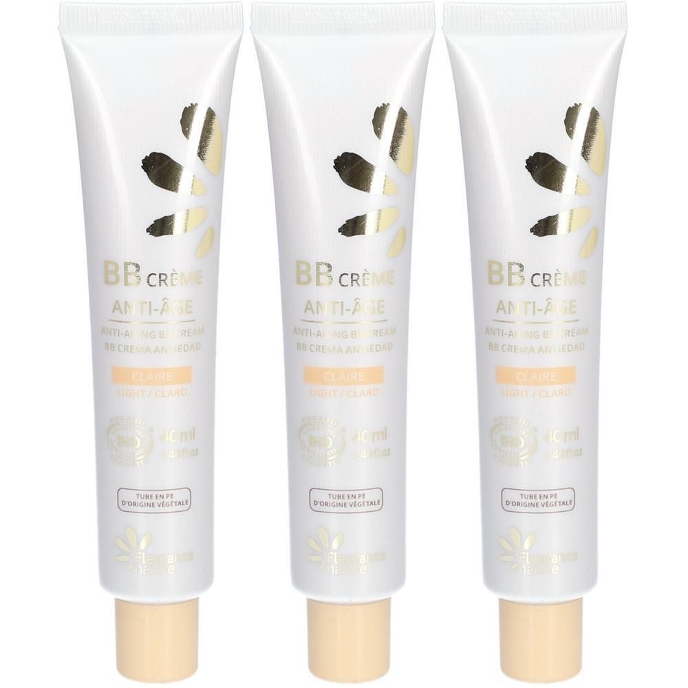 Drie tubes BB Crème Anti-Âge Claire Bio met bladerenpatroon en gouden accenten.