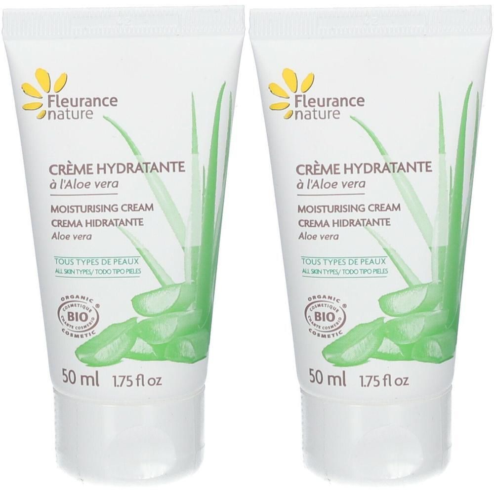 Twee tubes Fleurance Nature hydraterende crème met aloë vera, elk 50 ml.