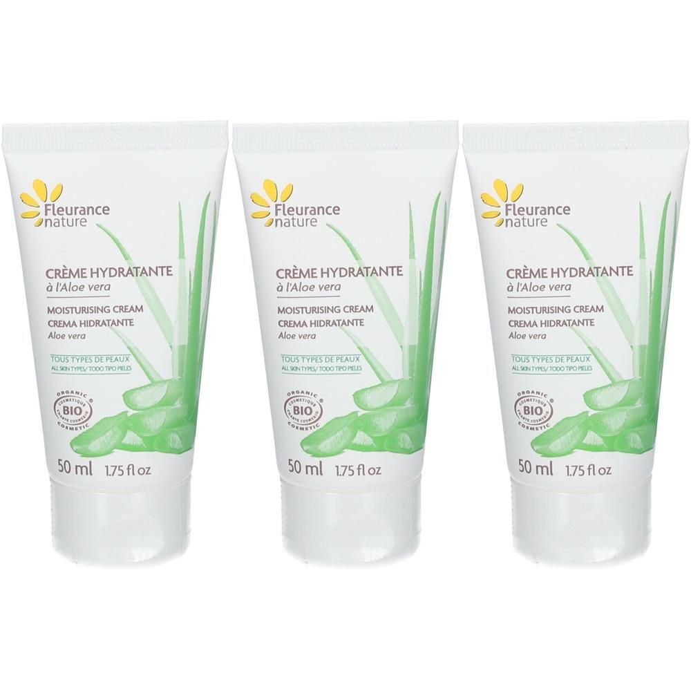 Trois tubes de crème hydratante Fleurance Nature à l'Aloe Vera, 50 ml.