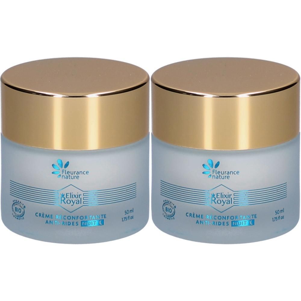 Deux pots de crème Fleurance Nature Elixir Royal Anti-Rides Nuit, 50ml chacun.