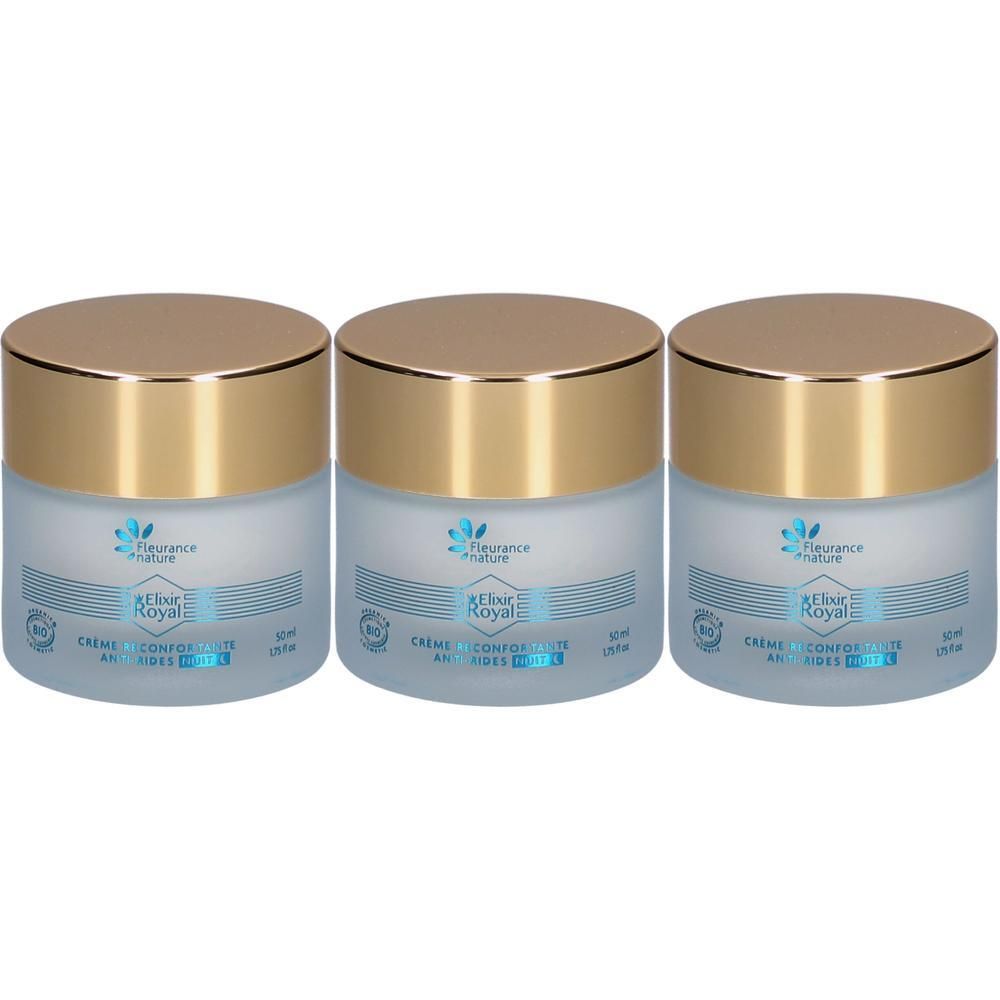 Drie potten Fleurance Nature Elixir Royal crème met gouden deksels.