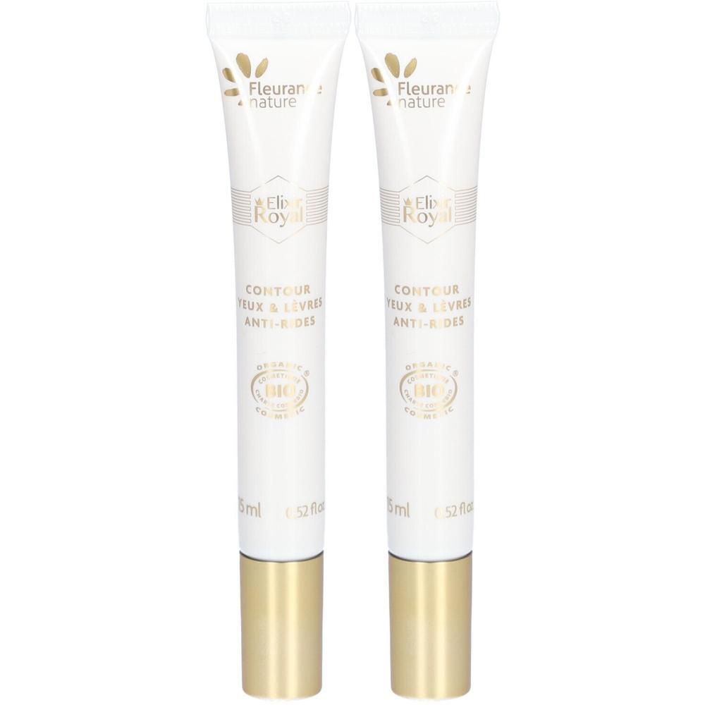 Deux tubes blancs à bouchons dorés contenant une crème contour yeux et lèvres.