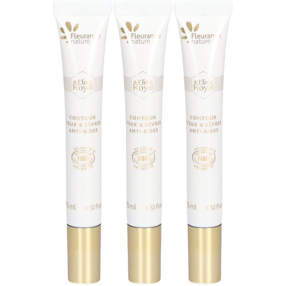 Drie witte tubes met gouden dop, Elixir Royal Contour oog- en lipverzorging.