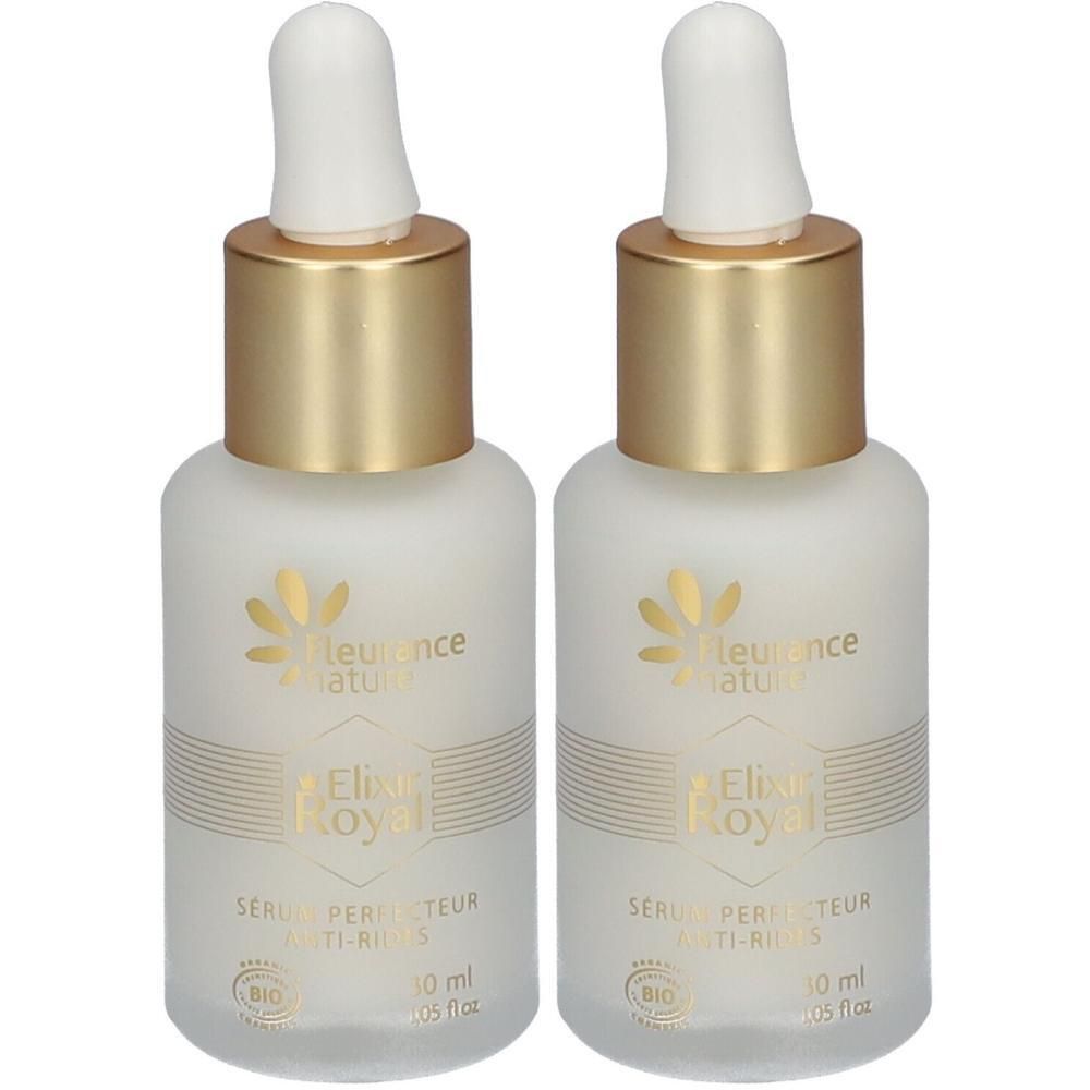 Twee flesjes met druppelaar, Elixir Royal anti-rimpel serum, 30 ml.