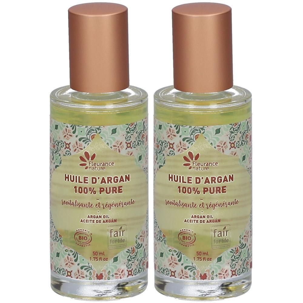 Deux flacons d'huile d'argan Fleurance Nature 100% pure, 50ml.