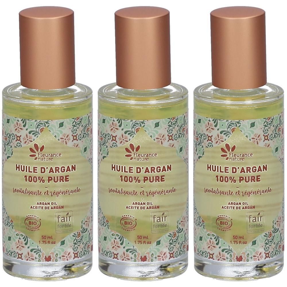 Trois flacons d'Huile d'Argan 100% Pure Fleurance Nature, 50 ml. Avec labels Bio et Fair.