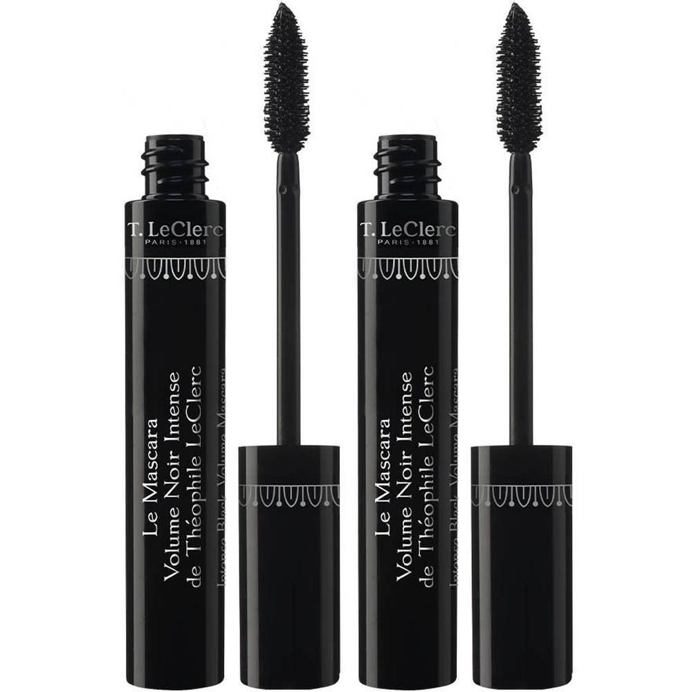 Deux flacons de mascara noirs avec applicateurs. Inscription : T. LeClerc Le Mascara Volume Noir Intense.
