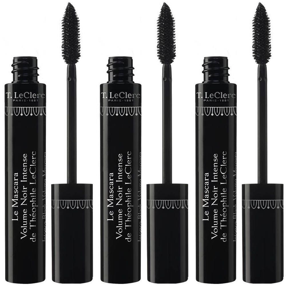 Quatre flacons de mascara noirs avec applicateurs. T. LeClerc Mascara Noir Intense.