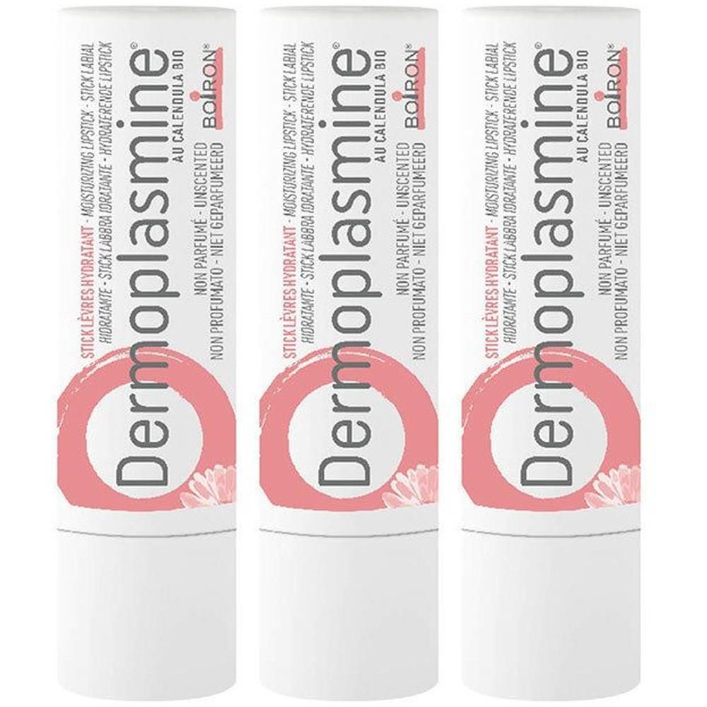 Drie Dermoplasmine lippenbalsemsticks met calendulaprent.
