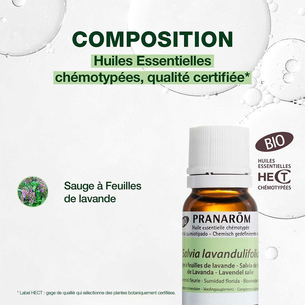 Flacon d'huile essentielle de sauge à feuilles de lavande, avec labels BIO et HECT.