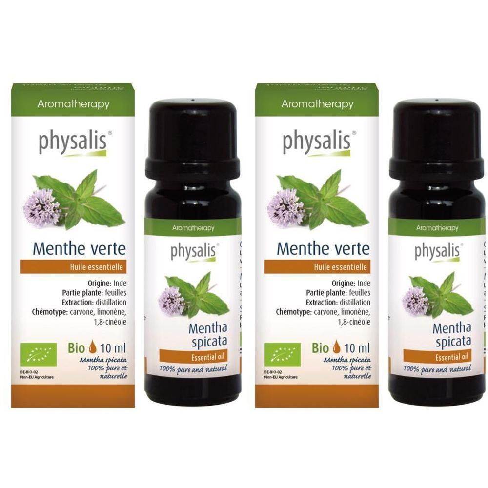 Quatre flacons d'huile essentielle bio de menthe verte Physalis.
