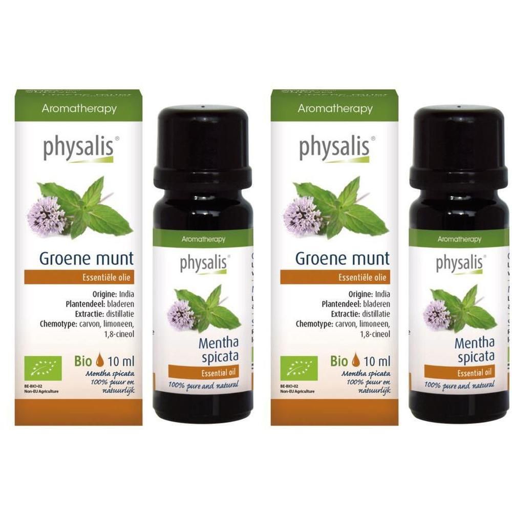 Vier flessen Physalis biologische groene munt etherische olie.