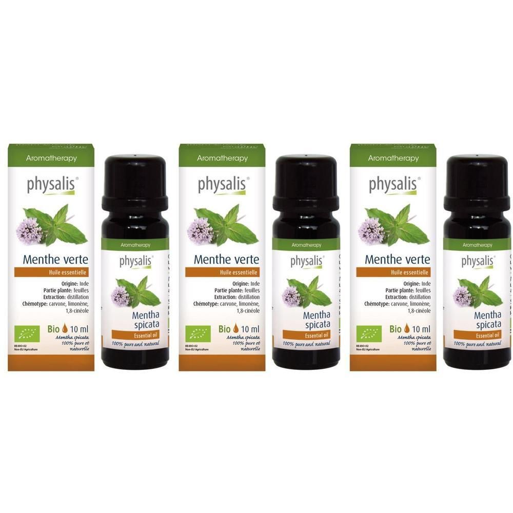 Cinq flacons d'huile essentielle bio Menthe Verte Physalis, 10 ml chacun.