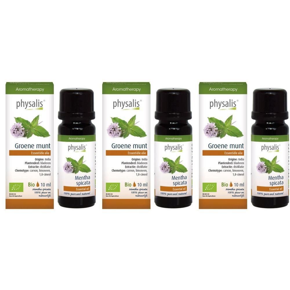Vijf flessen Physalis Bio etherische muntolie, elk 10 ml.