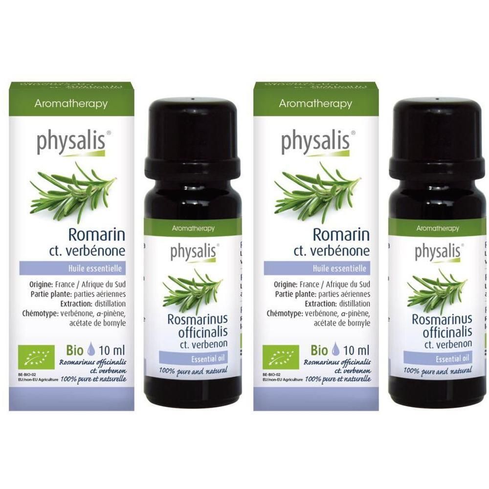 Deux flacons d'huile essentielle Bio Physalis Romarin ct. Verbénone, 10 ml.