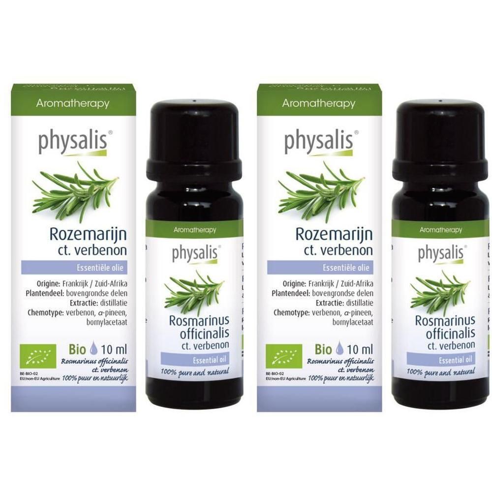Twee flesjes Physalis Rozemarijn ct. Verbenon etherische olie Bio, 10 ml.