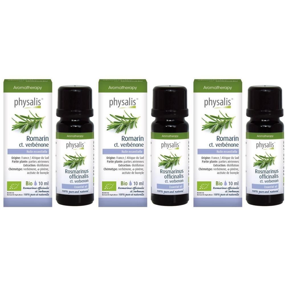 Trois flacons d'huile essentielle Bio Romarin ct. Verbénone Physalis®, 10 ml.