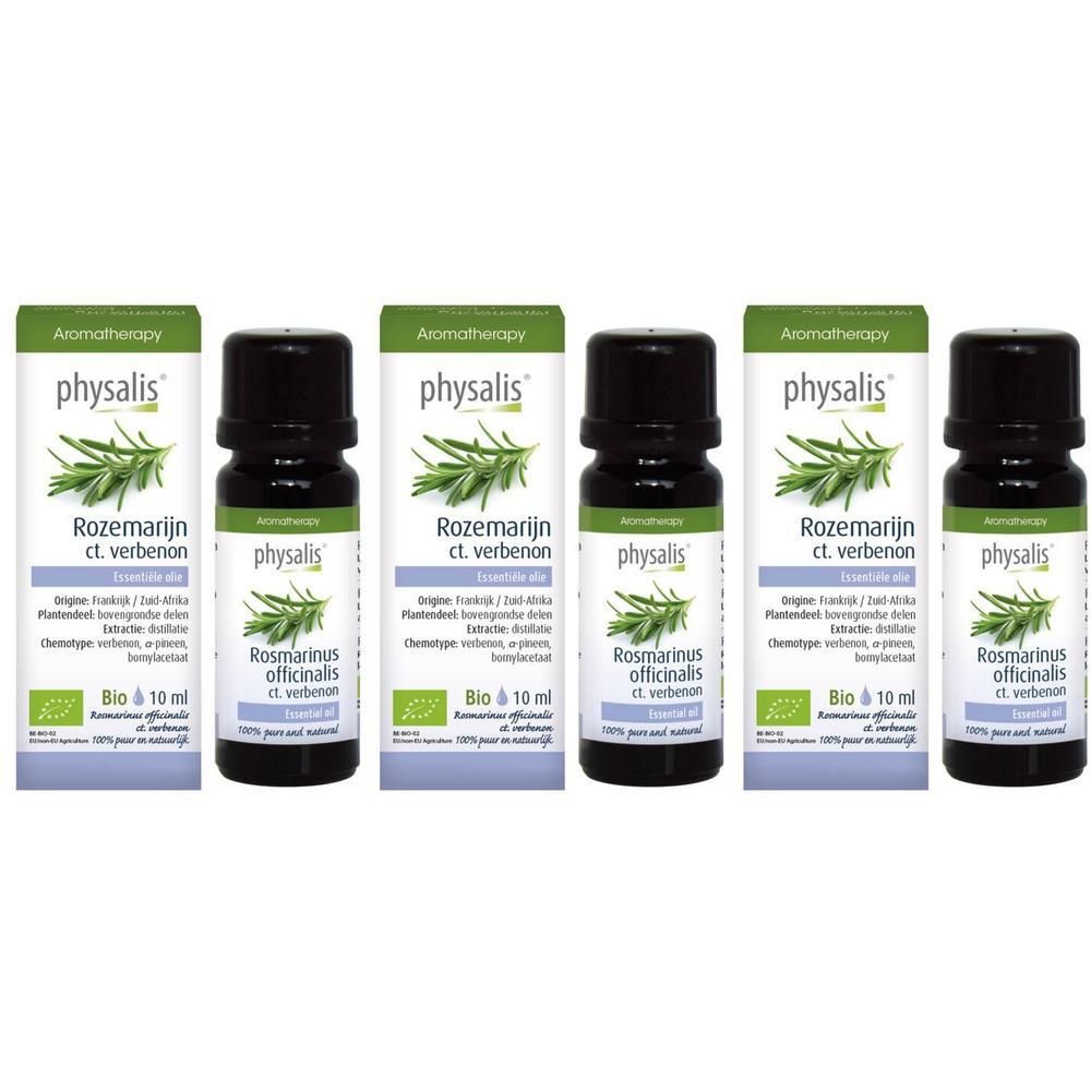 Drie flesjes Physalis® Rozemarijn ct. Verbenon etherische olie Bio, 10 ml.