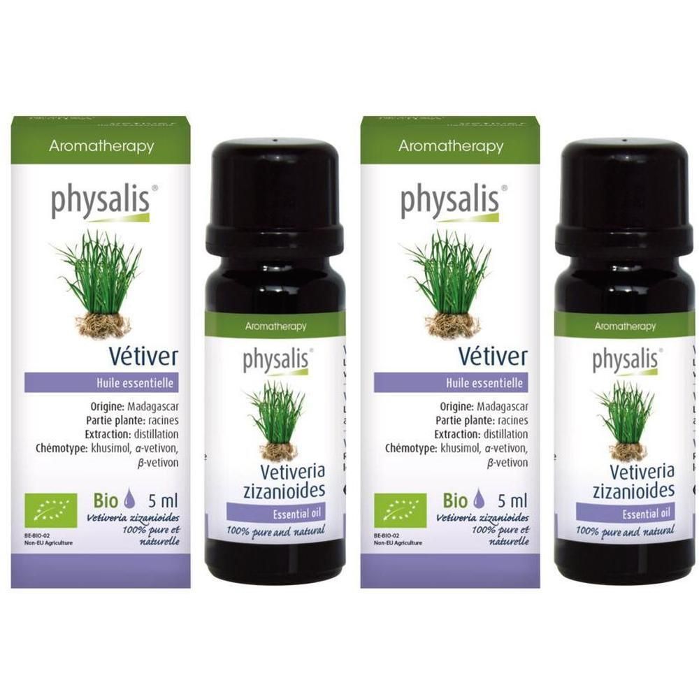 Deux flacons d'huile essentielle Bio Physalis Vetiver, 5ml.