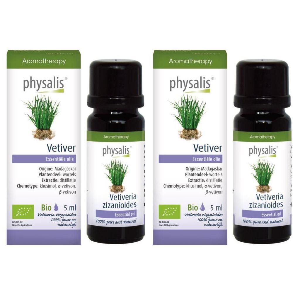 Twee flesjes biologische Physalis Vetiver etherische olie, 5ml.