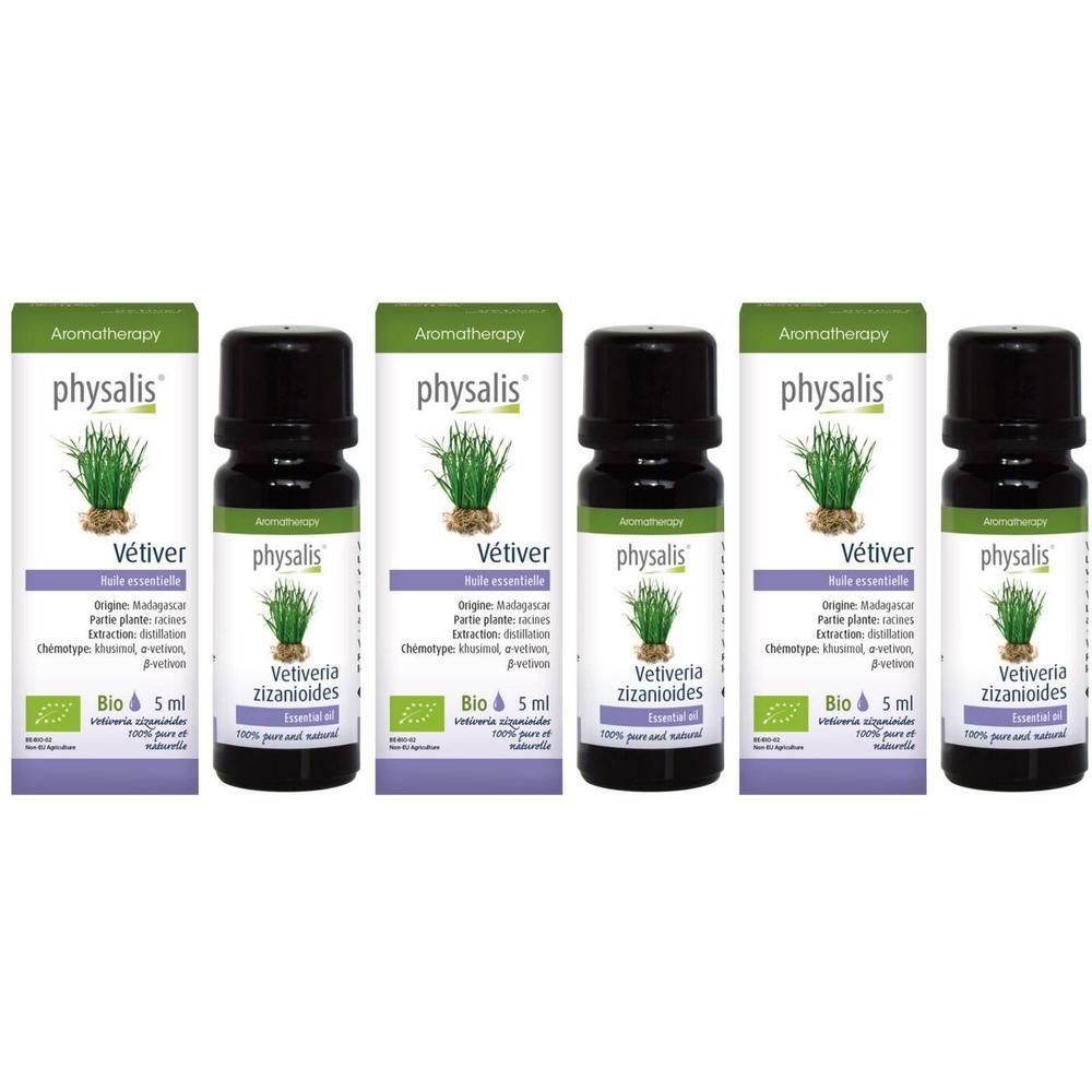 Quatre flacons d'huile essentielle Bio Vetiver Physalis, 5ml. Chaque flacon avec étiquette et boîte.