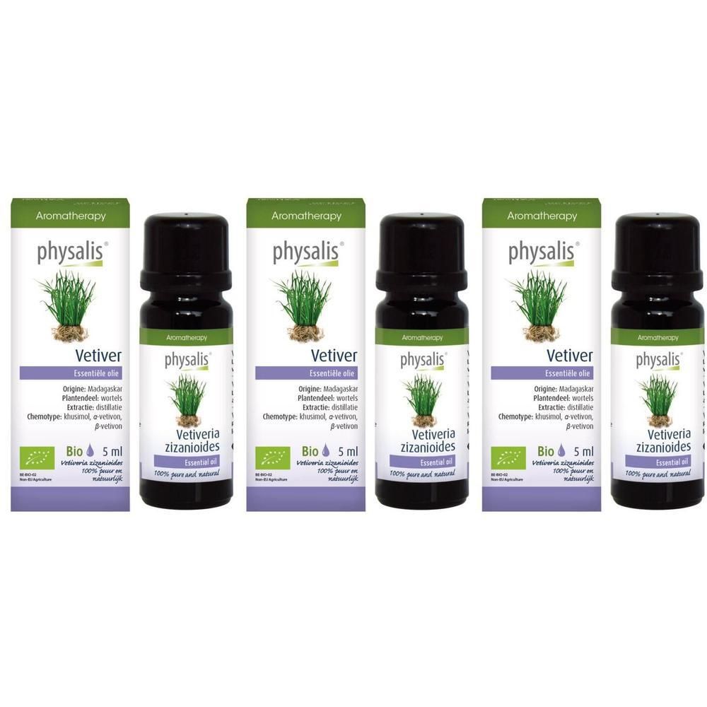 Drie flesjes Physalis Vétiver biologische etherische olie, 5 ml.