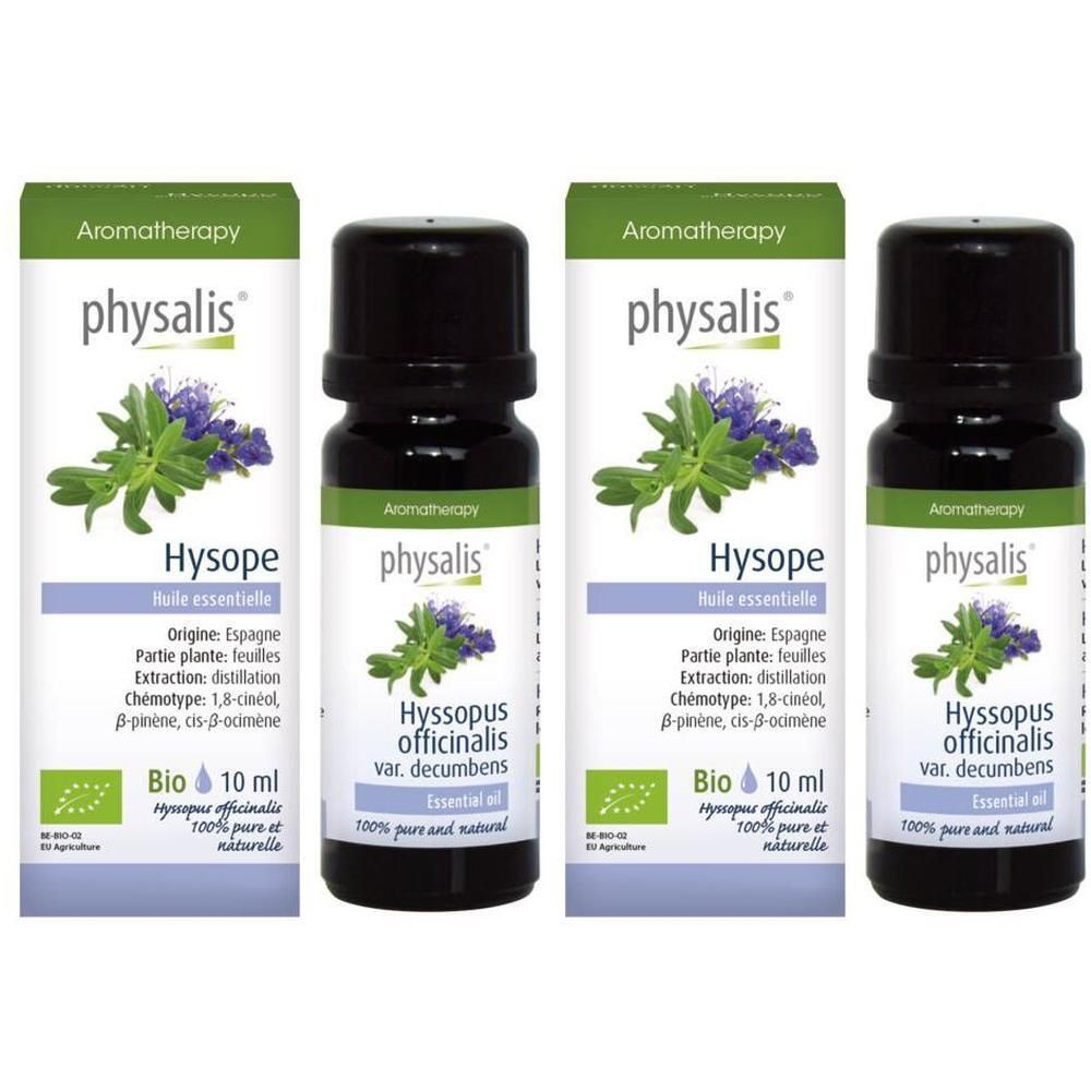 Quatre flacons d'huile essentielle Bio de Hyssope Physalis. Flacons en verre foncé avec étiquettes montrant une plante et des sceaux bio.
