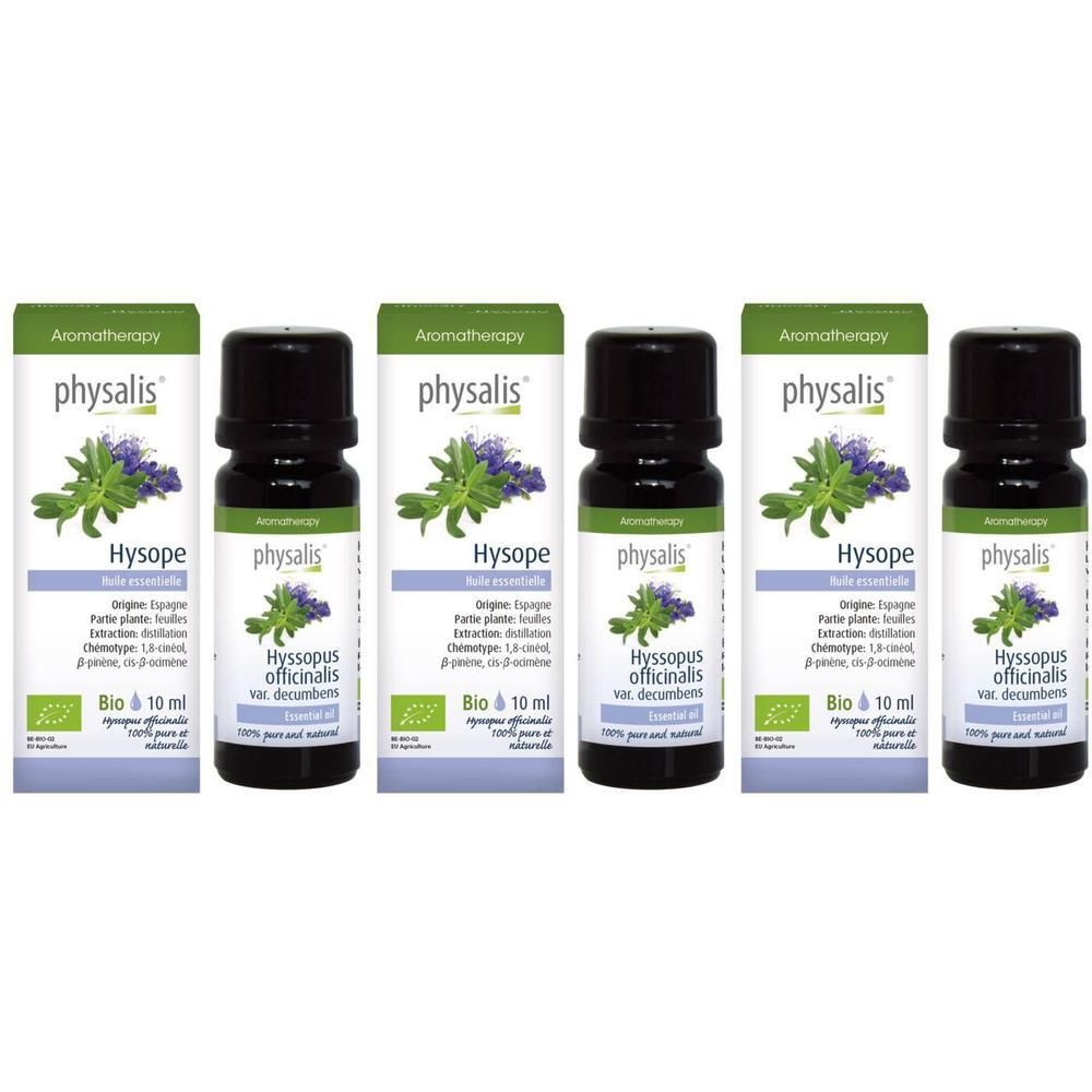 Cinq flacons d'huile essentielle Bio de hysope Physalis, 10 ml chacun.