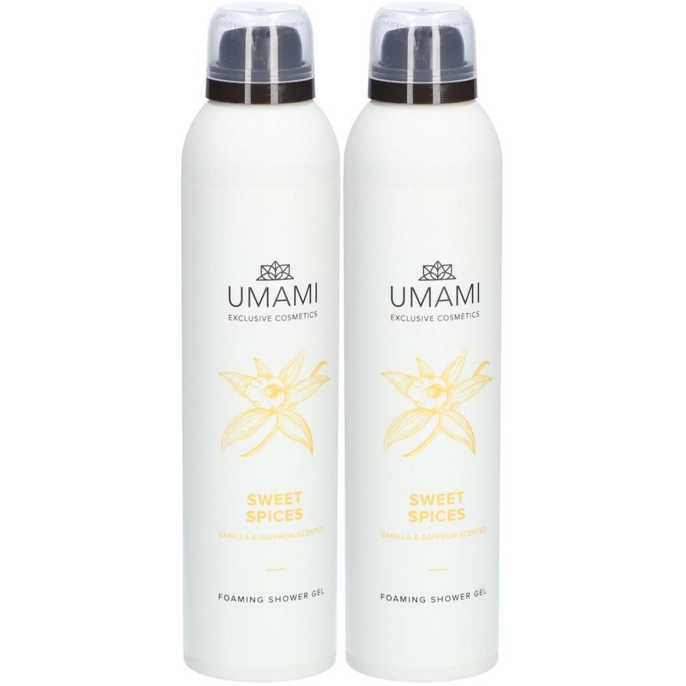 Deux flacons de gel douche moussant UMAMI Sweet Spices Vanille & Safran.