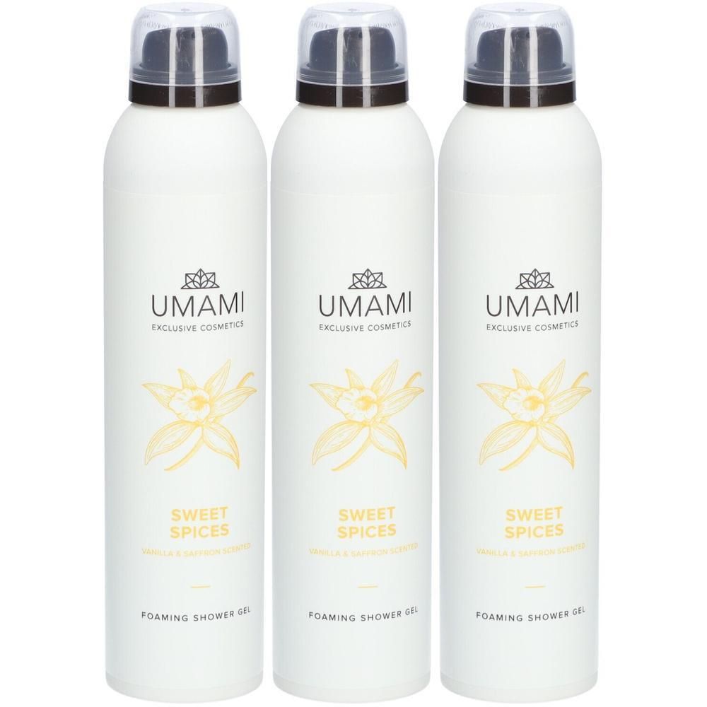 Trois flacons blancs de gel douche moussant vanille et safran. Umami Sweet Spices.