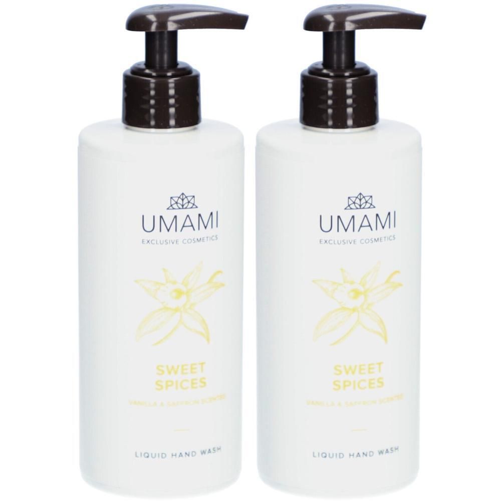 Twee witte flessen met bruine pompen, Umami Sweet Spices Liquid Hand Wash Vanille & Saffraan.