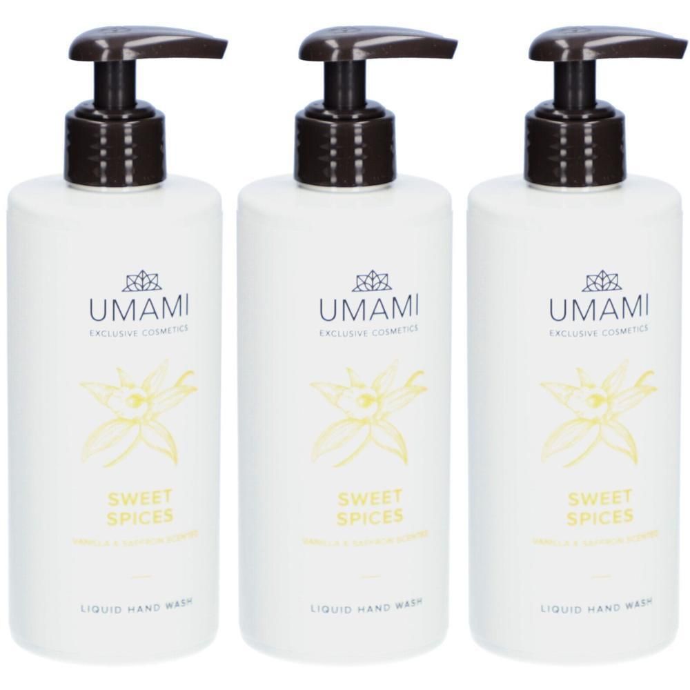Trois flacons blancs avec pompes brunes, Umami Sweet Spices Liquid Hand Wash.