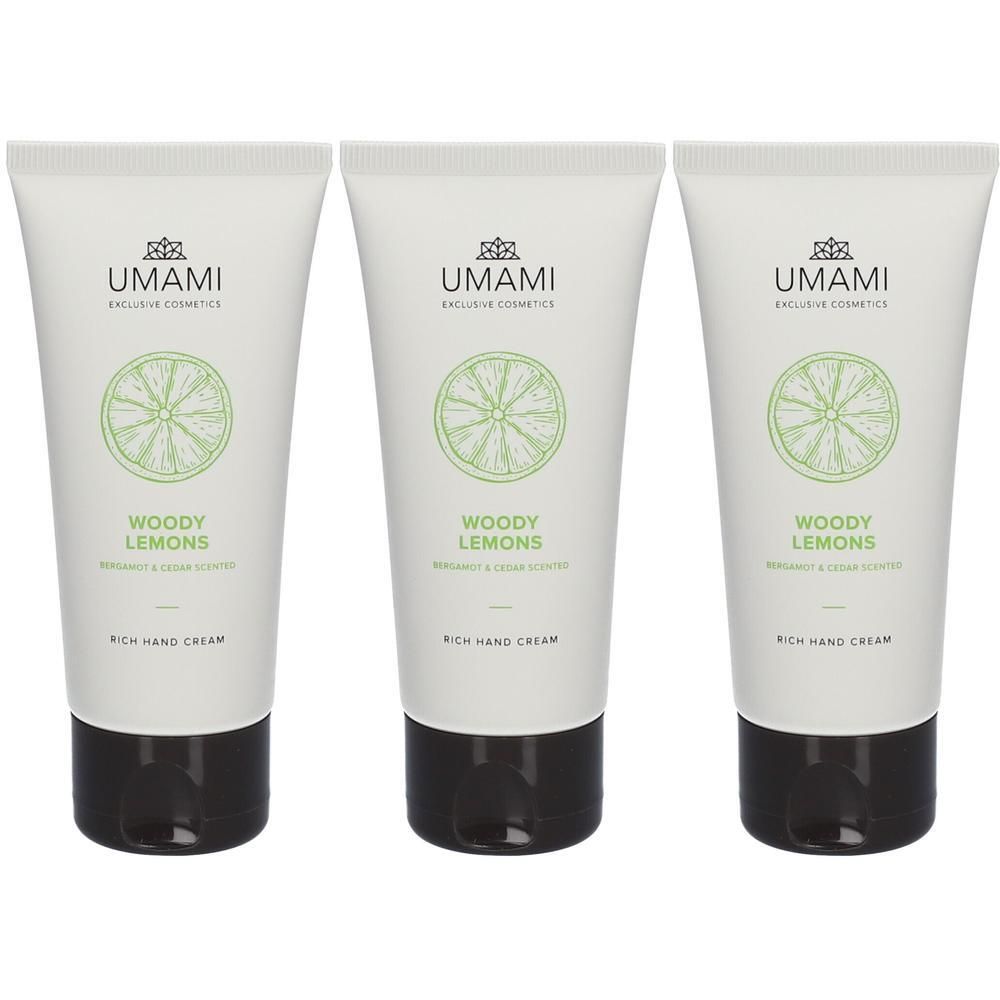 Trois tubes de crème mains Umami Woody Lemons, parfum Bergamote & Cèdre. Tubes blancs avec bouchon noir.