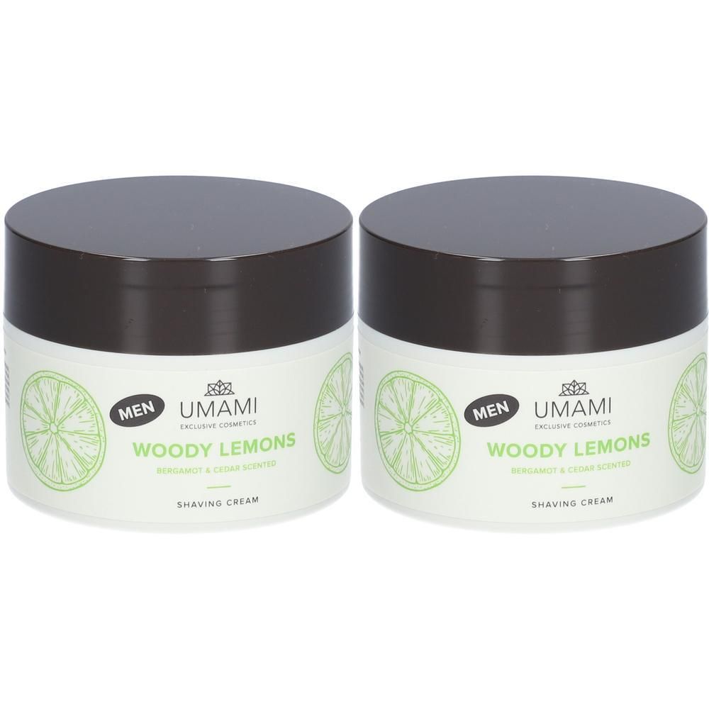 Twee potten UMAMI Men Woody Lemons scheercrème met Bergamot & Ceder geur.