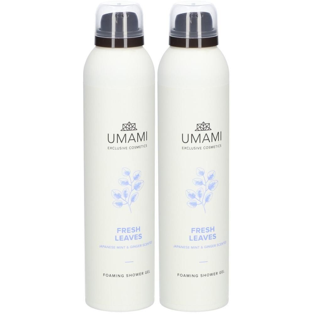 Twee witte flessen UMAMI Schuimende douchegel Japanse munt en gember.